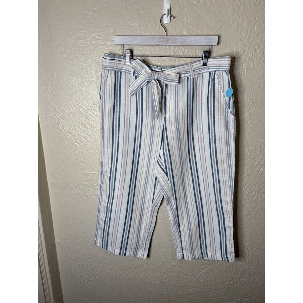 Liz Claiborne Crop Pants Womens L White Striped Linen Blend Coastal Summer New